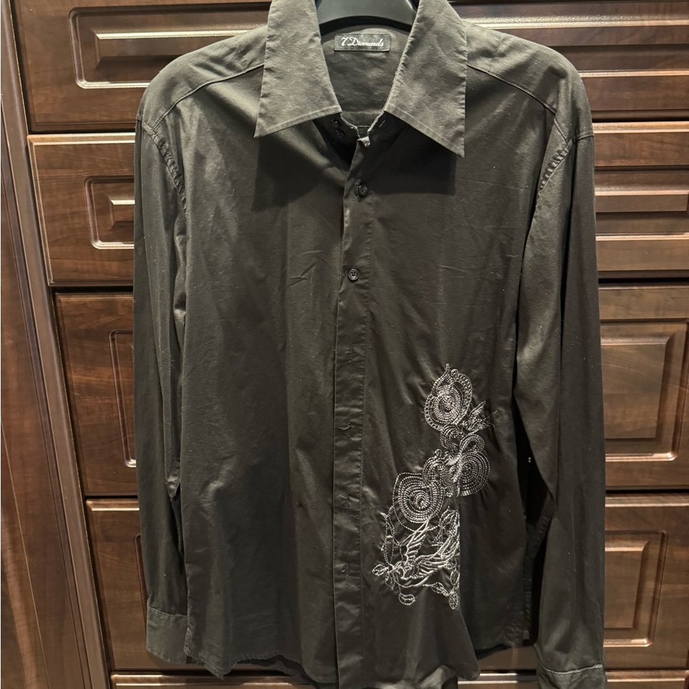7 Diamonds Black Men's Casual Shirt with Embroidery